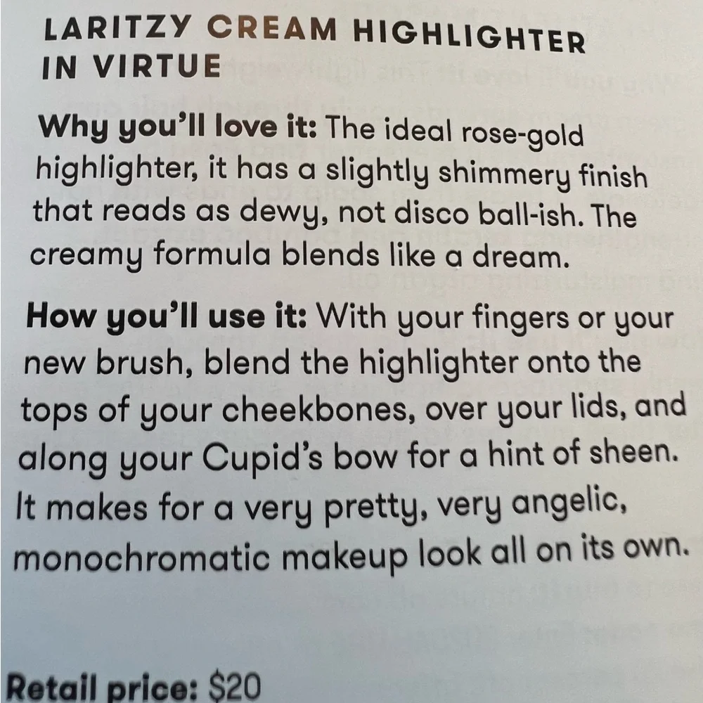 ⭐️HP!⭐️ NWT Laritzy cream hilighter in “Virtue”. Rose-gold with slight shimmer. - Picture 6 of 6